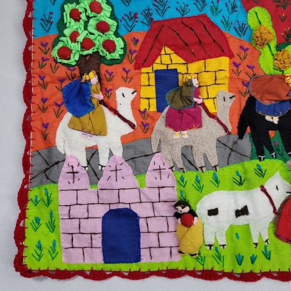Vtg Handmade Peruvian Folk Art Nativity Scene Cotton Arpilleria - 3D Fabric Art - Picture 6 of 16